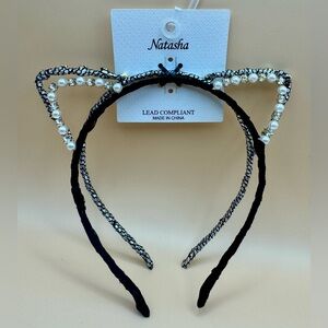 Natasha 2-Piece Cat Ear Headband Set Black Gold Rhinestones Pearls
